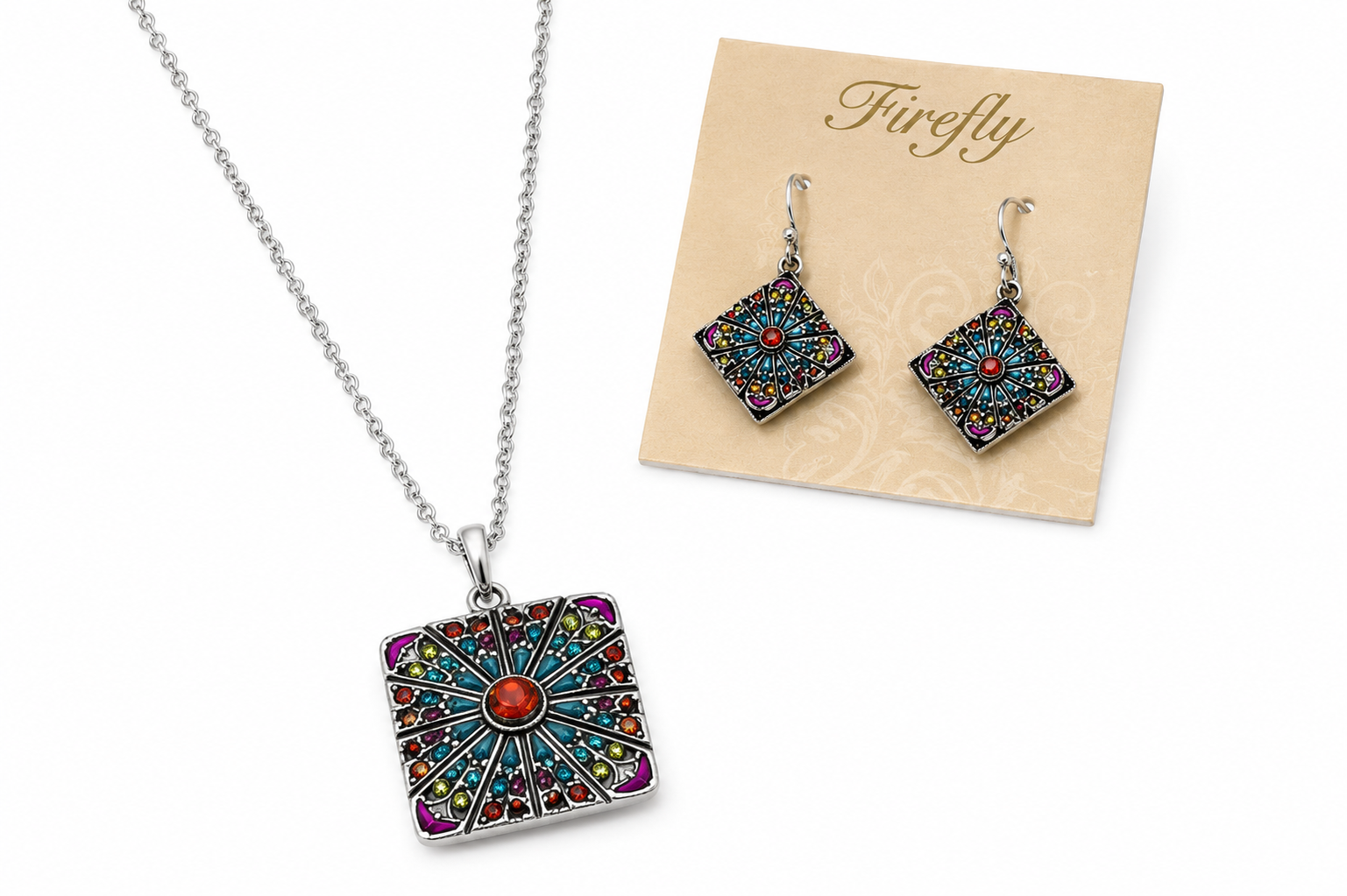 Colorful beaded square necklace and matching earrings on display cards
