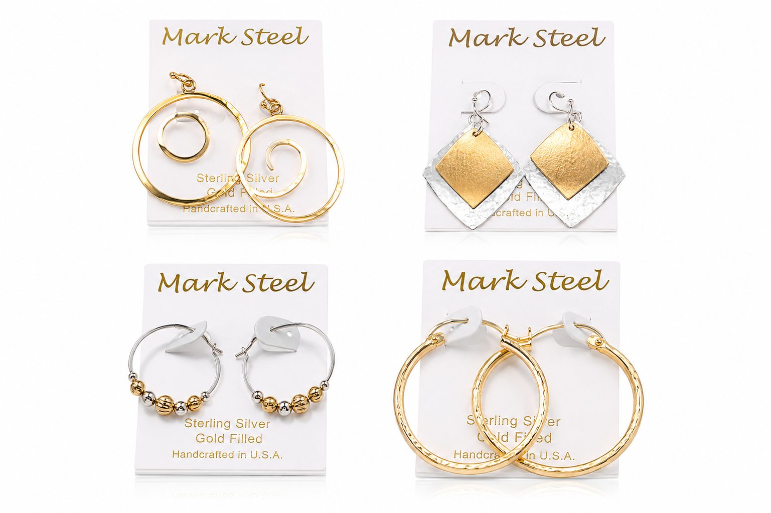 Four gold necklace designs on white cards, shown in a 2x2 grid.