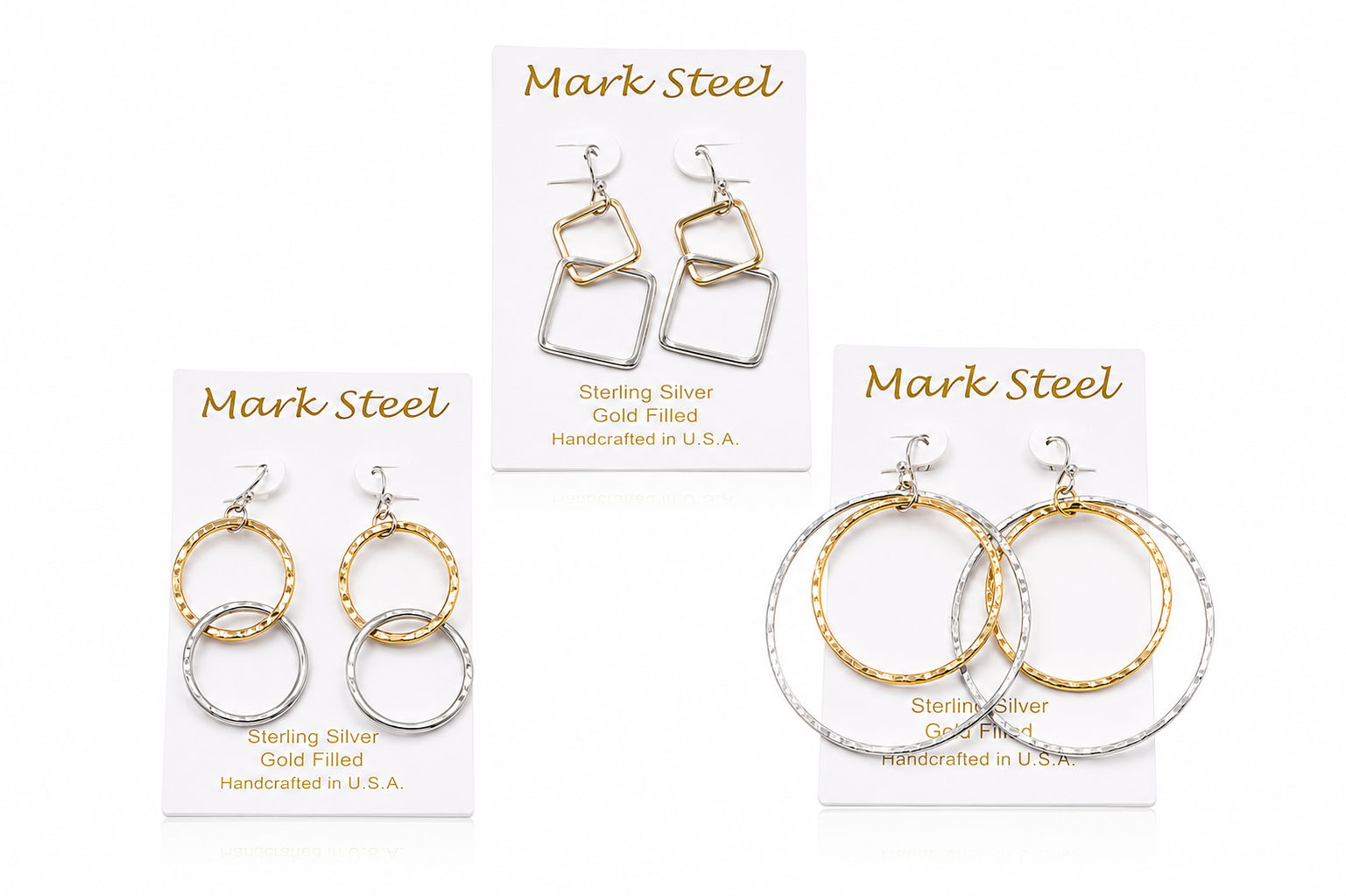 Three pairings of gold and silver hoop earrings with dangling square charms, shown on white backgrounds.