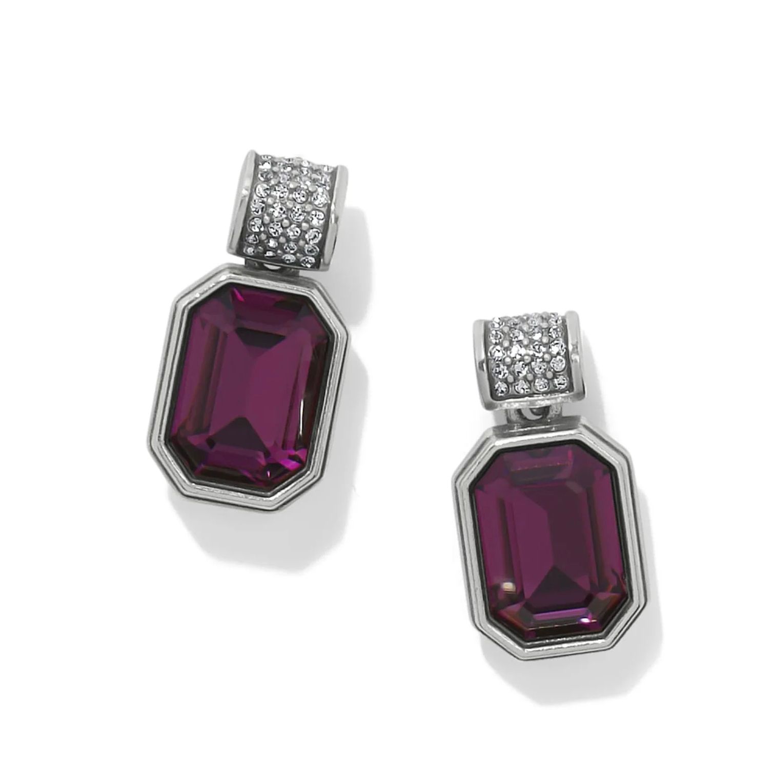 Pair of silver pendant earrings with large faceted deep purple gemstones on a white background