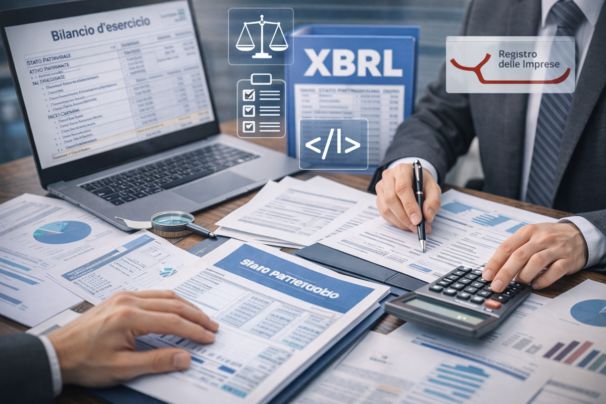 Contabili che esaminano report finanziari in formato XBRL con laptop, calcolatrice e documenti su una scrivania