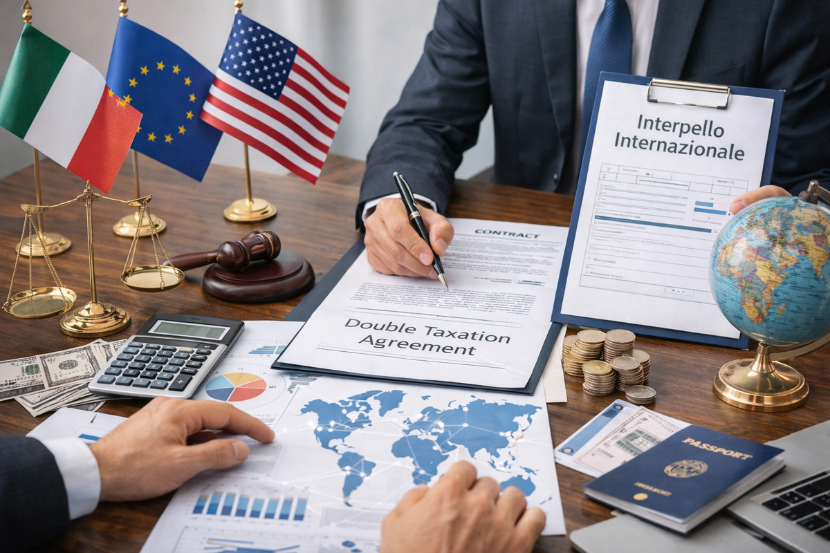 Mani che disegnano documenti legali internazionali con bandiere, passaporti, mappamondo e cartina del mondo su una scrivania
