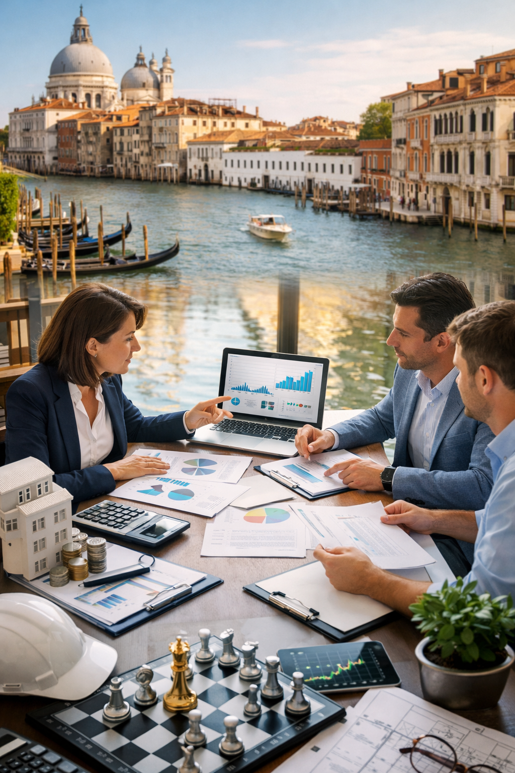 Riunione di lavoro lungo un canale di Venezia, con i partecipanti che esaminano grafici su un computer portatile e documenti cartacei all'aperto.