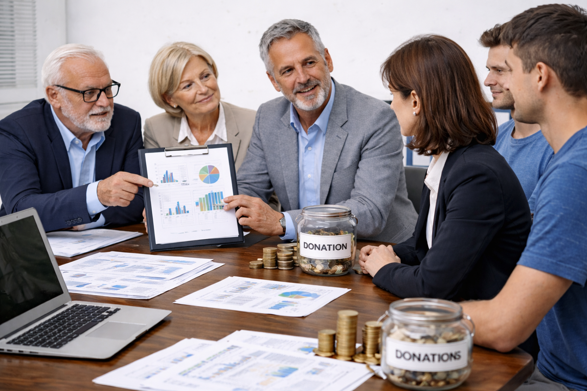 Riunione di squadra attorno a un tavolo per esaminare grafici e contenitori per le donazioni contenenti denaro, computer portatili e documenti.