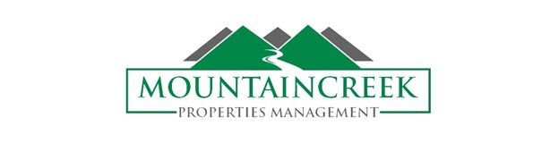 Logo for Mountaincreek Properties Management, with mountains and a flowing creek in green and gray.