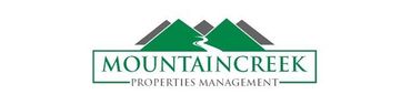 Logo for Mountaincreek Properties Management, with mountains and a flowing creek in green and gray.
