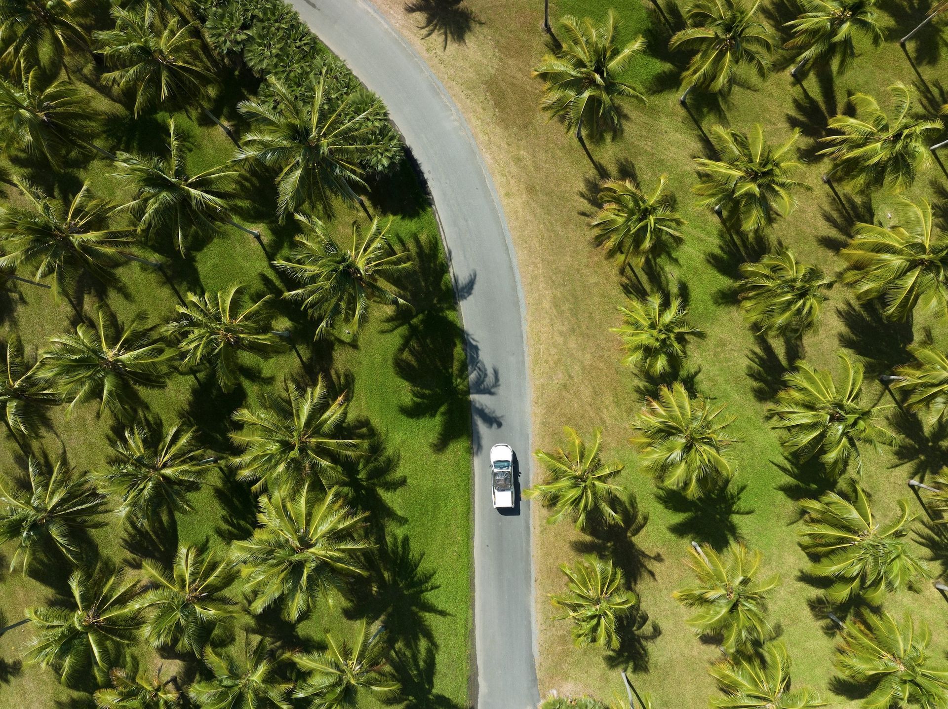 Aerial view of a campervan parked beside a pristine beach on an East Coast Australia road trip