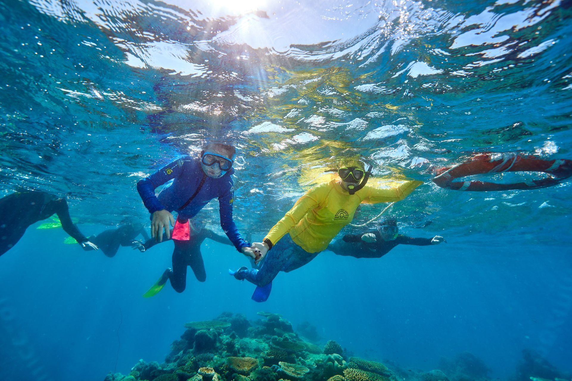 Visitors snorkelling above coral formations in the clear waters surrounding Green Island.