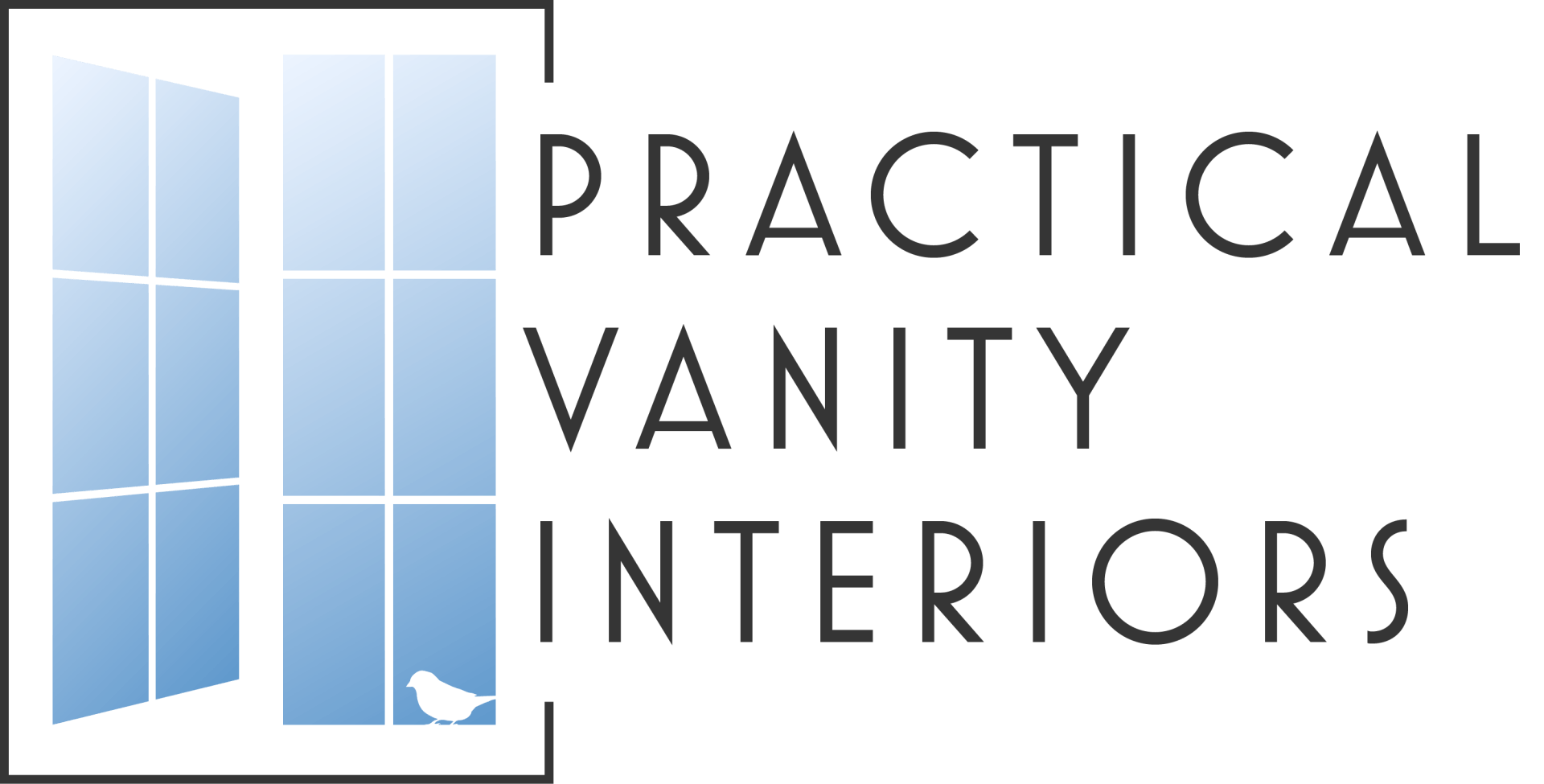 Logo for Practical Vanity Interiors, featuring a window graphic and text. Andrea Lim | Practical Vanity Interiors | Granite Bay, CA | Interior Design