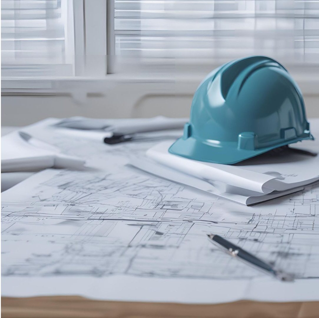 Blue hard hat on blueprints, a pen rests nearby. Indoors by a window.
