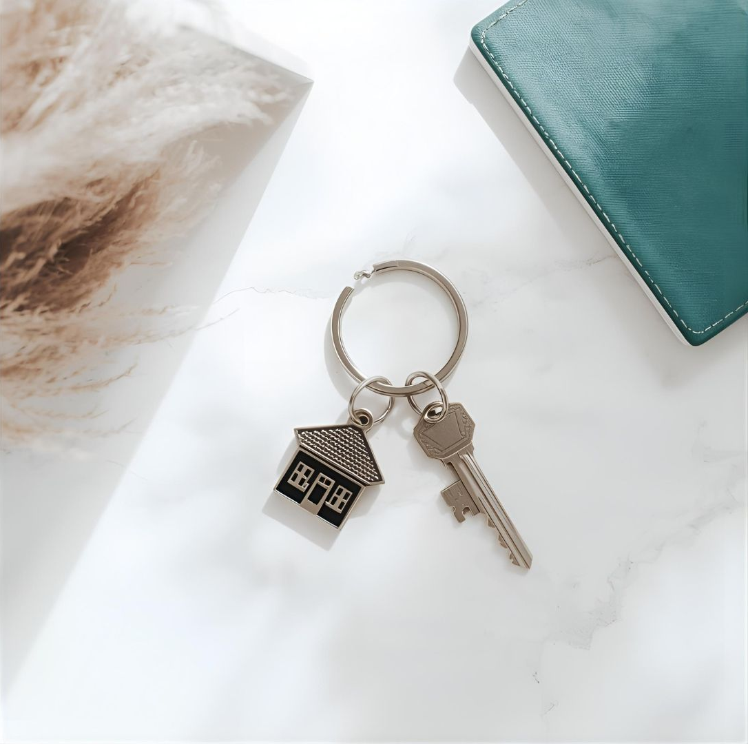 Keys with house charm on a marble surface next to a teal book.