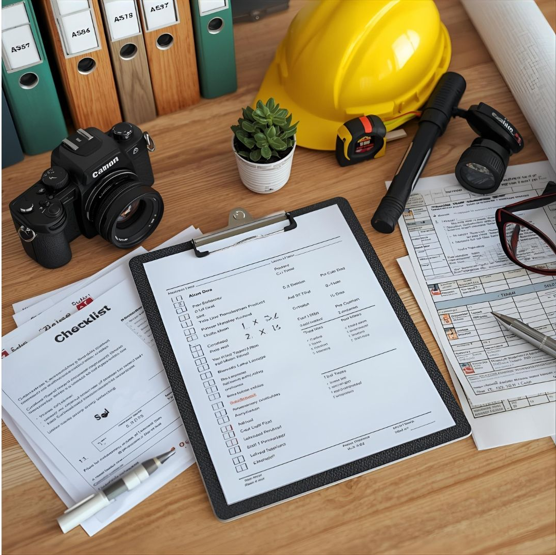 Desk with construction tools, checklist, camera, and documents.