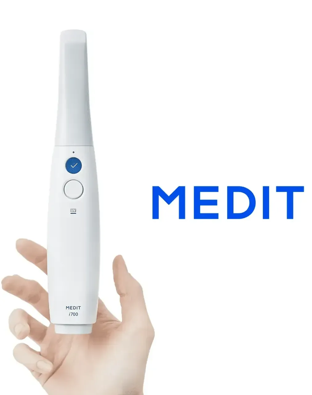A hand is holding a medit device in front of a white background
