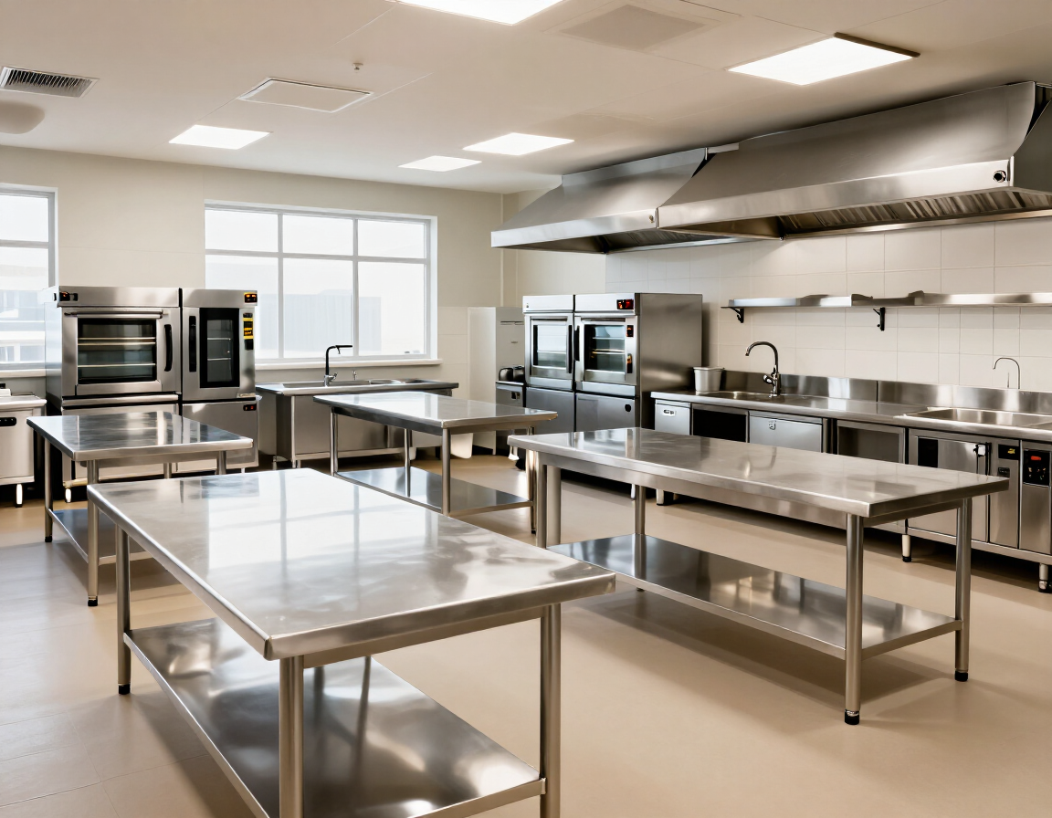 Cucina professionale luminosa con tavoli, forni e cappe in acciaio inox
