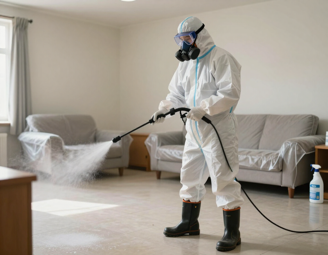 Operatore in tuta protettiva che spruzza disinfettante in un soggiorno con divani e tende.