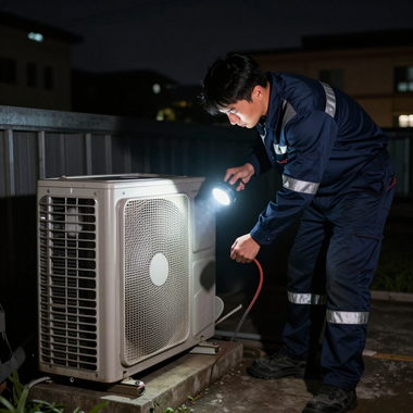 Technician inspecting an outdoor air conditioner unit at night with a flashlight and gauges