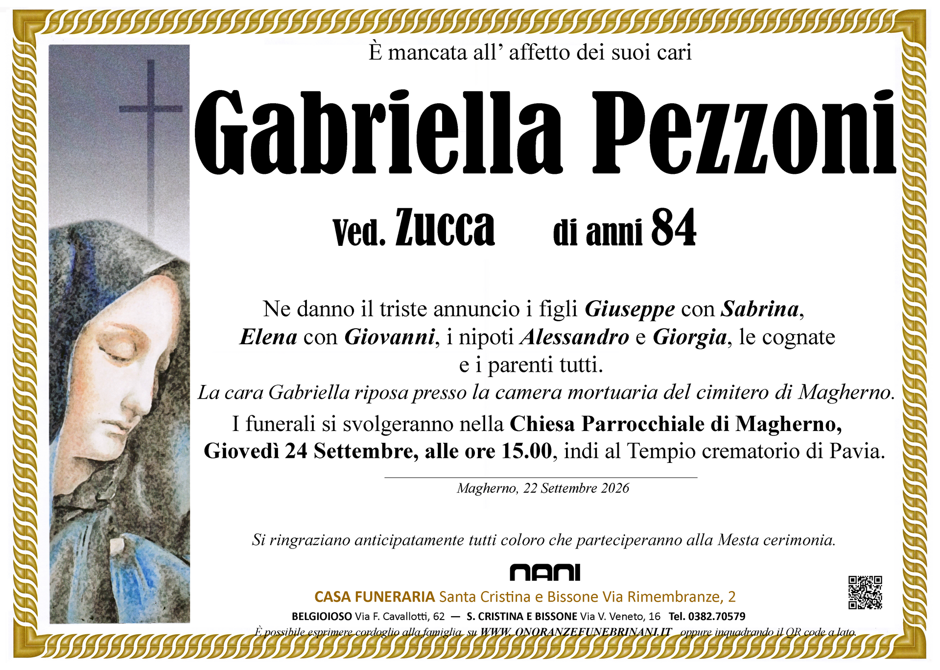 necrologio Gabriella Pezzoni