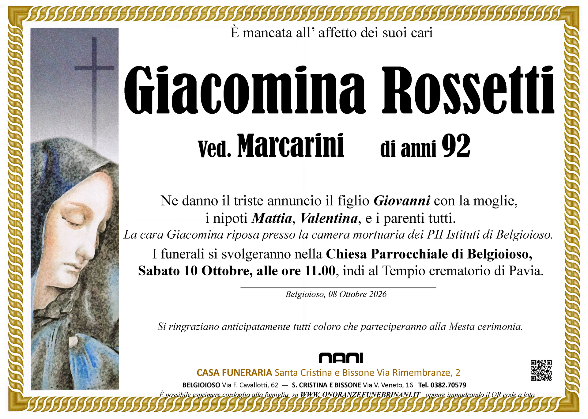necrologio Giacomina Rossetti