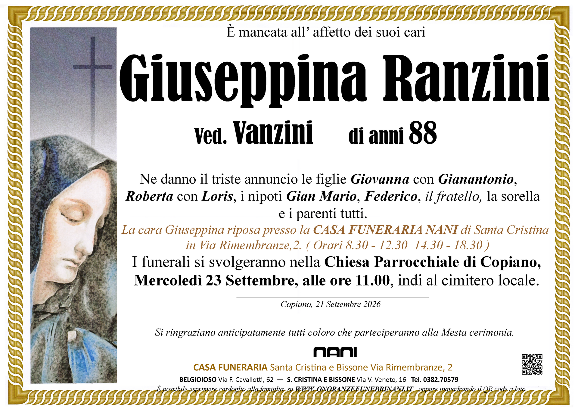 necrologio Giuseppina Ranzini