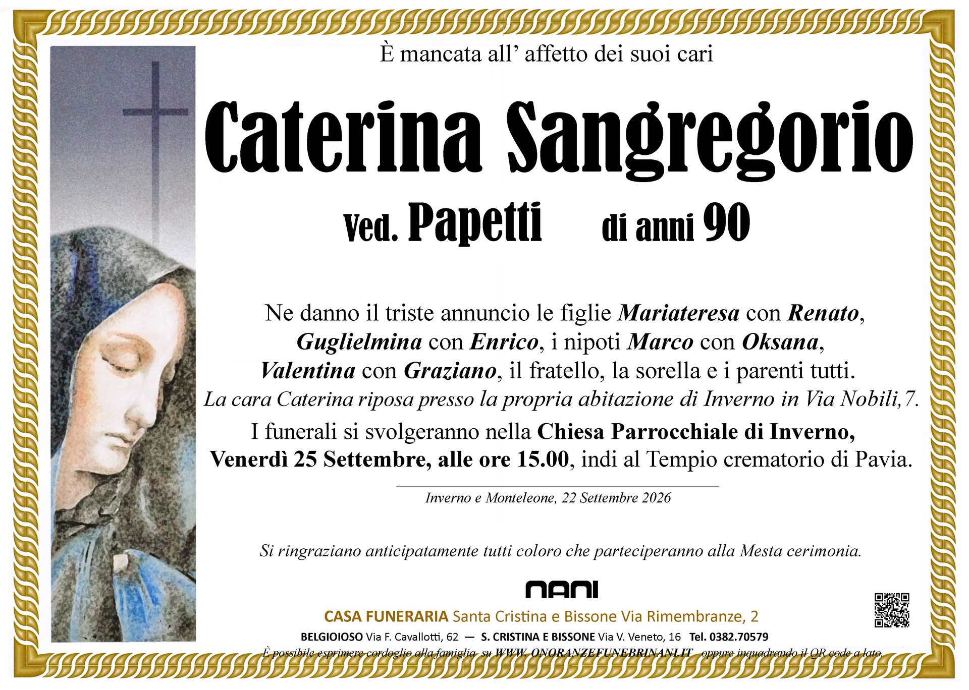 necrologio Caterina Sangregorio