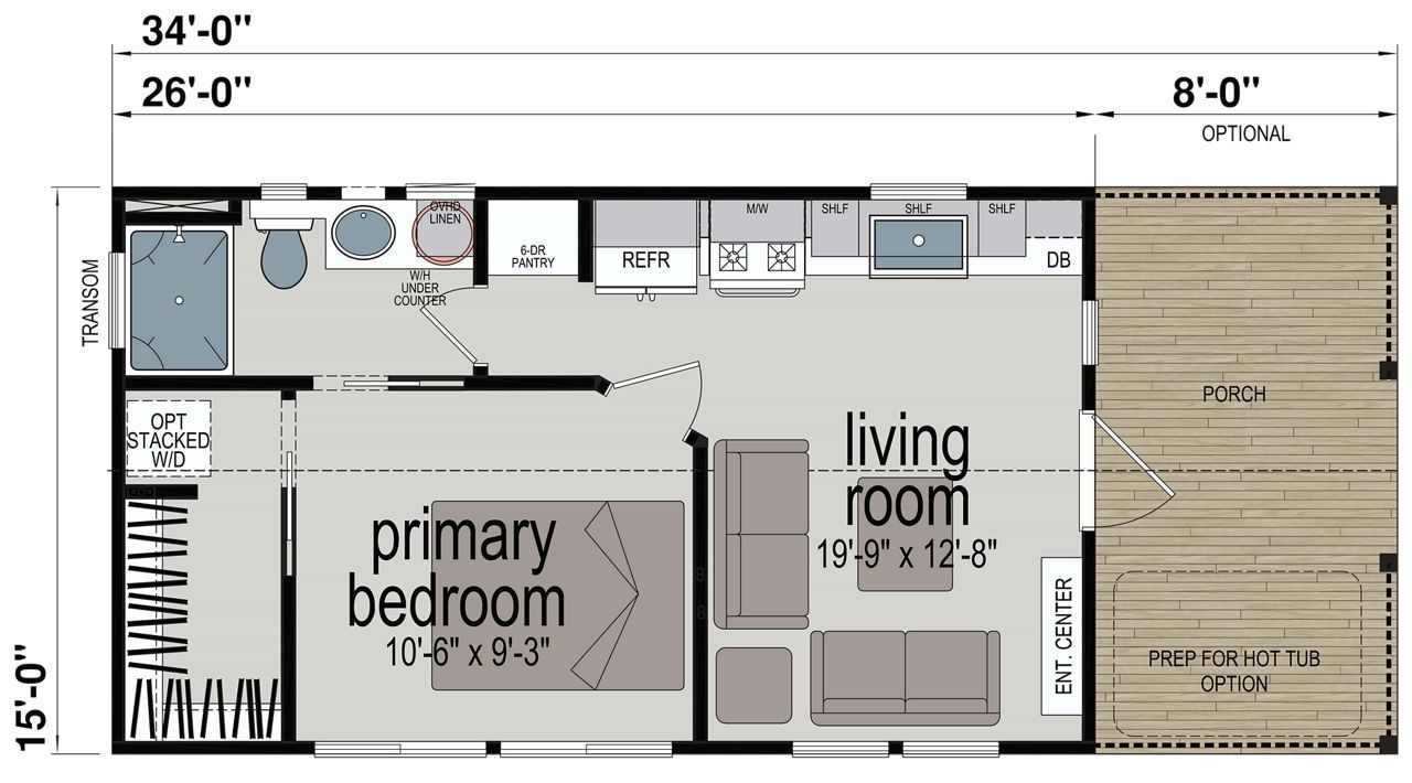 Floor plan of a studio apartment with kitchen, living room, bedroom, bathroom, and balcony.