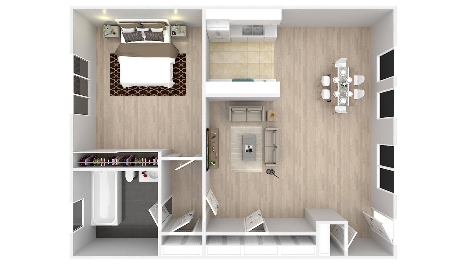 Top-down floor plan of a small apartment with bedroom, closet, bathroom, and open living-dining area.