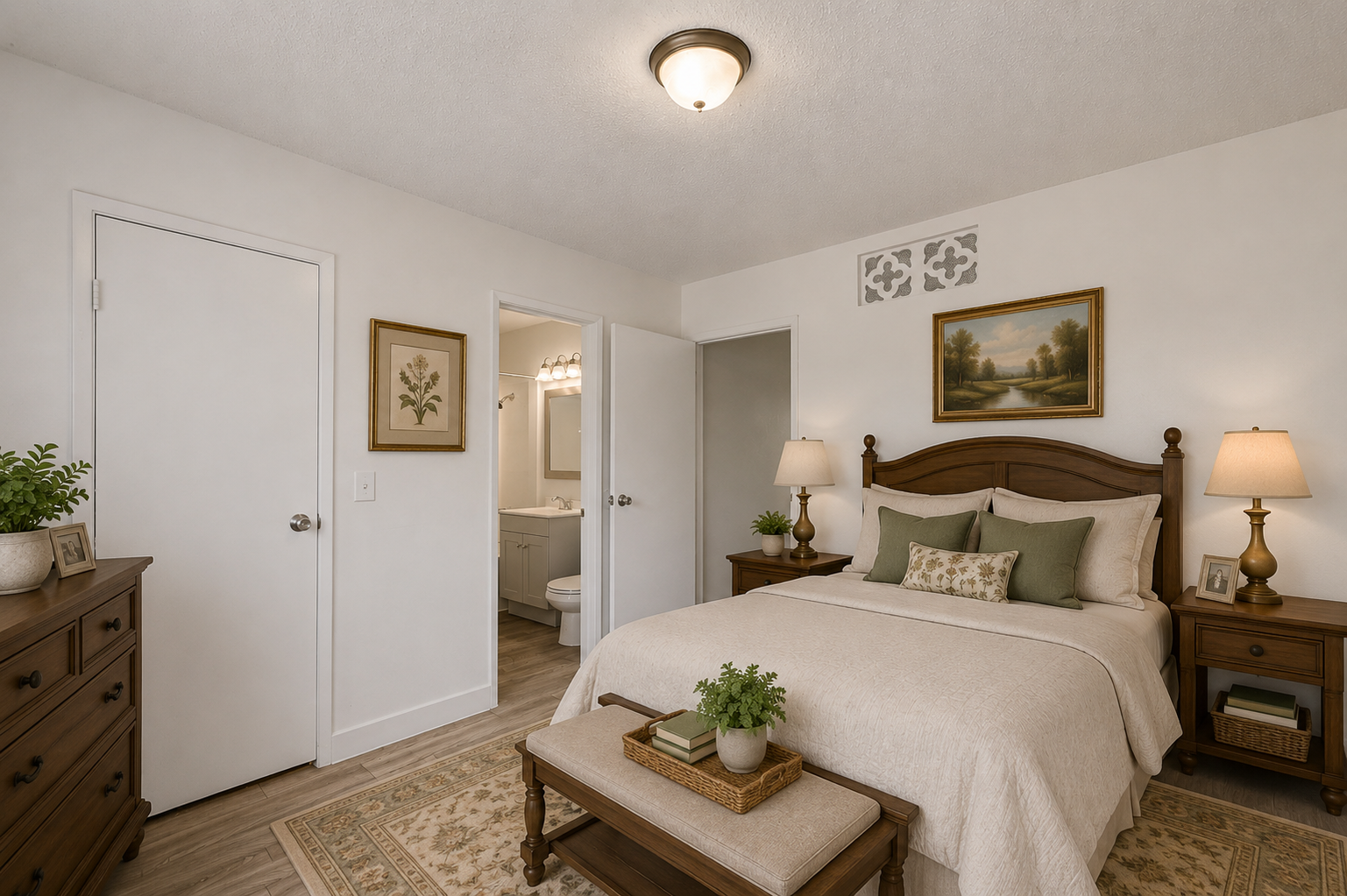 Cozy bedroom with beige bedding, wood furniture, wall art, and an open door to a bathroom.