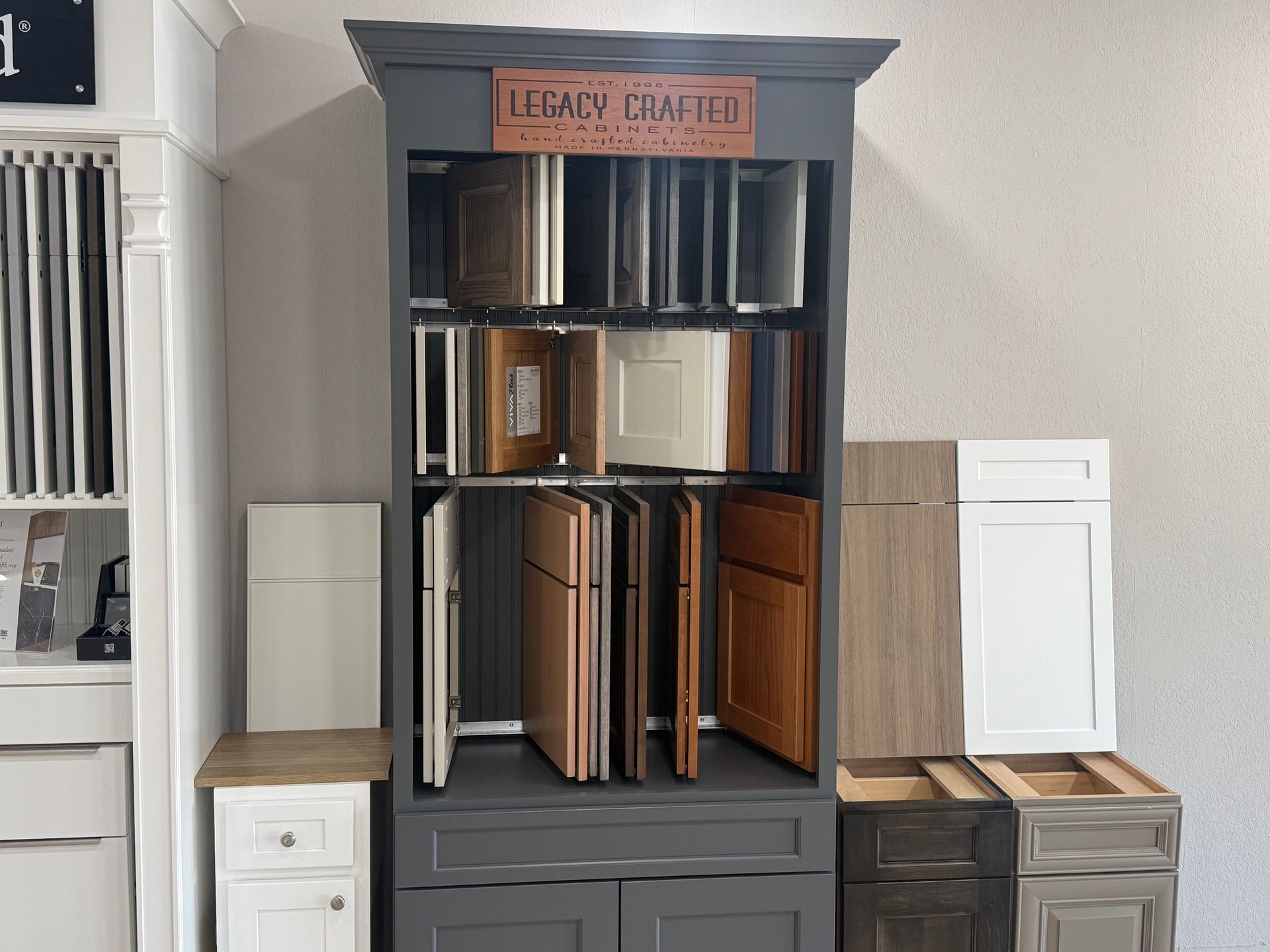 Cabinet door styles and finish samples in the Legacy Crafted display at Darlington’s showroom