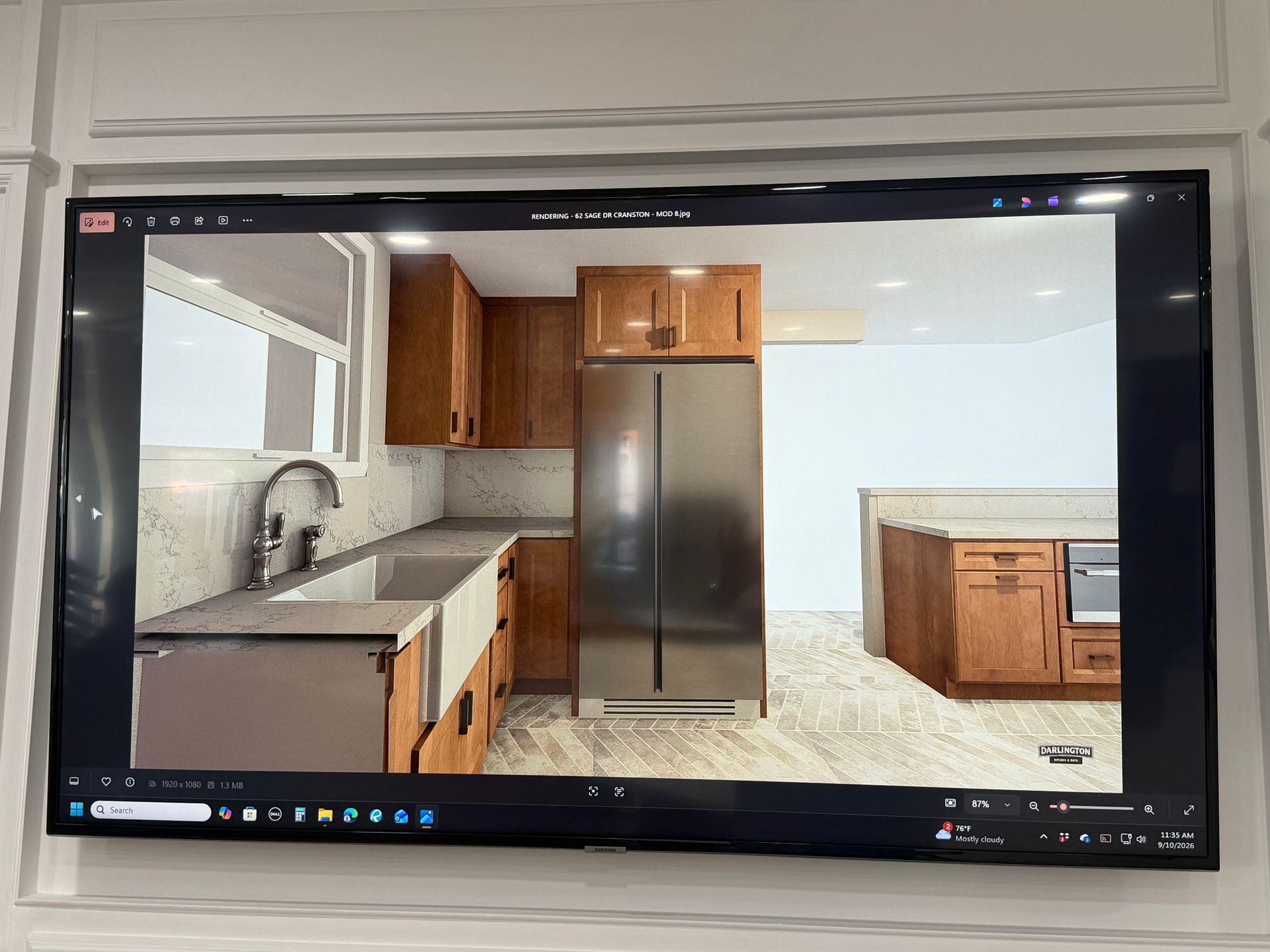 Kitchen design rendering shown on the consultation screen inside Darlington Kitchen & Bath’s showroom