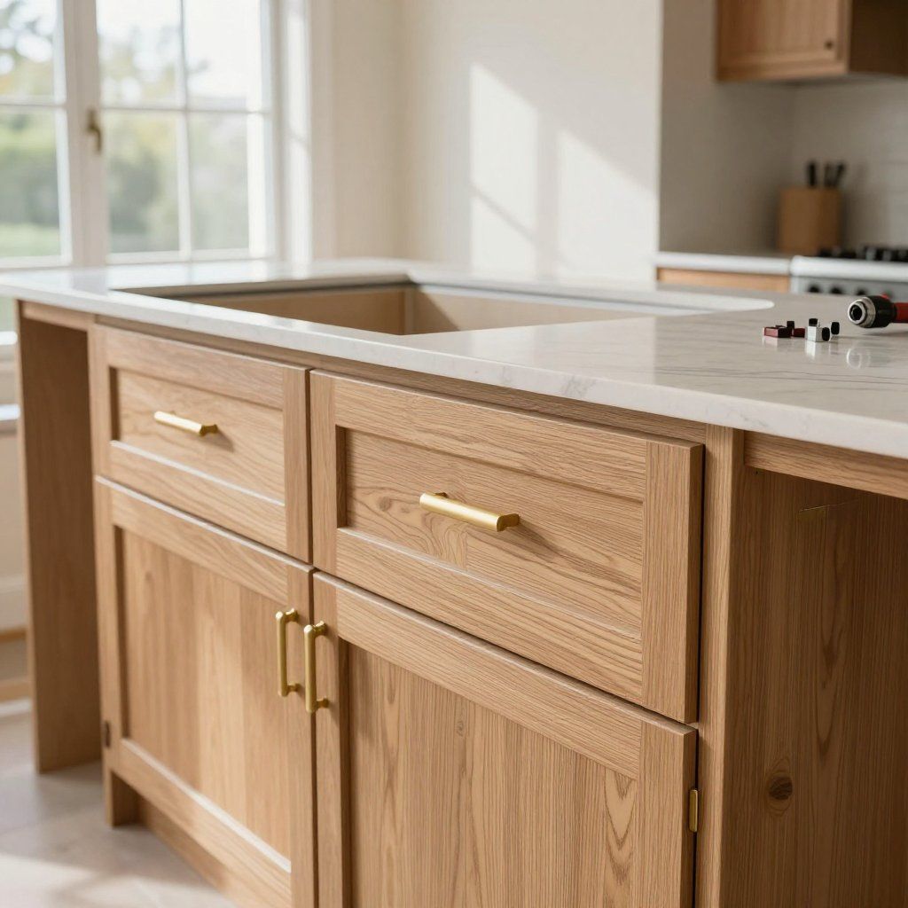 A close-up of a wooden kitchen island with white marble countertops and brass handles on drawers and cabinet doors.