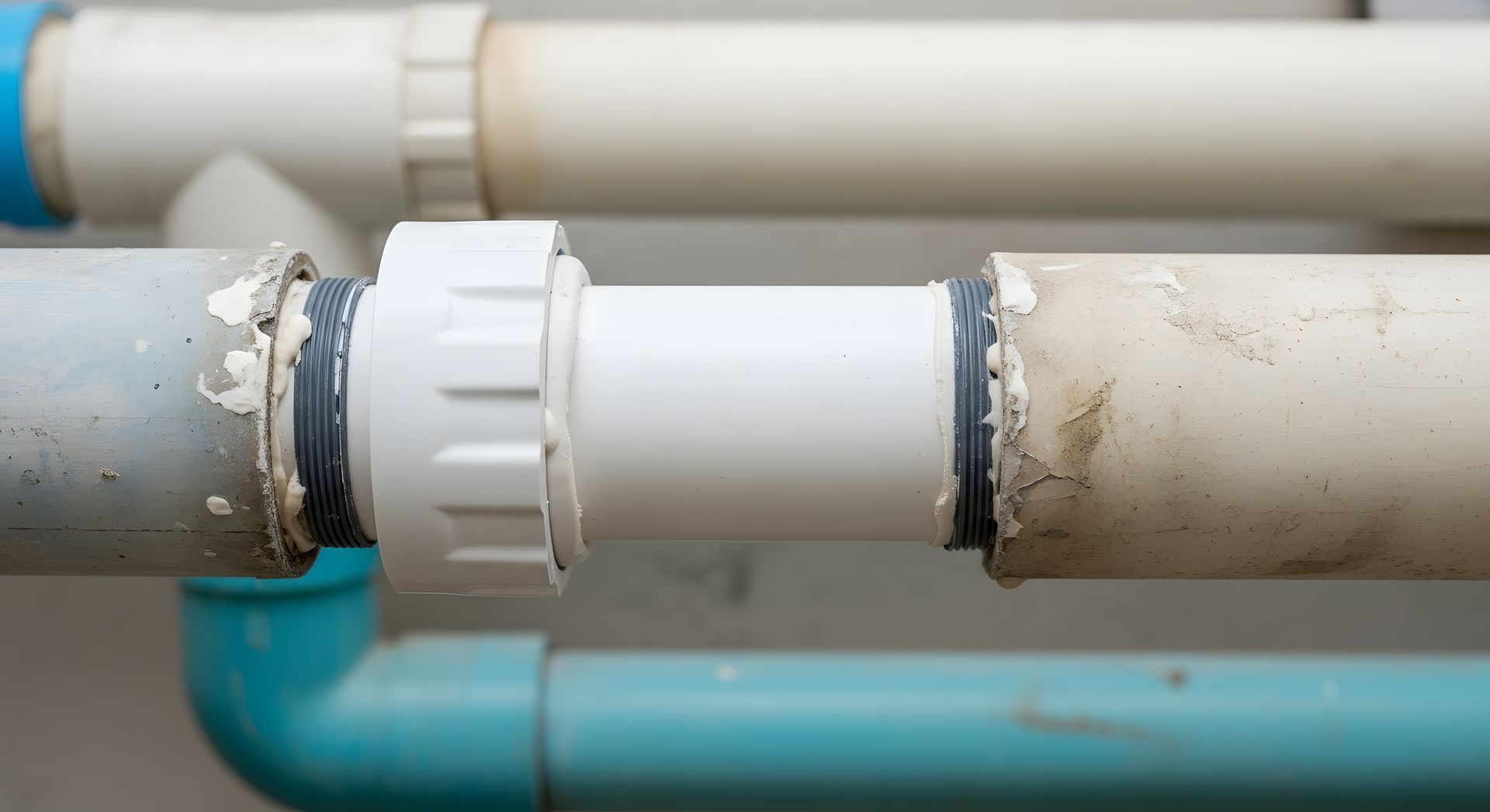 White PVC pipes joined by a white coupling, with blue piping below in an indoor utility area White PVC pipes joined by a white coupling, with blue piping below in an indoor utility area