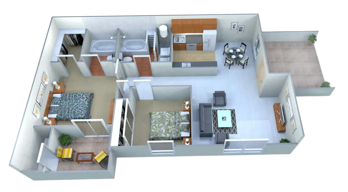 A 3D floor plan of a one-bedroom apartment with an open-concept kitchen, dining, and living area, bathroom, and balcony.