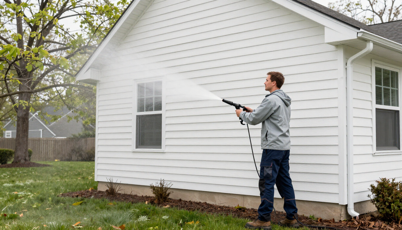 photorealistic technician soft washing a white vinyl siding house gentle spray professional gear suburban Spring Hill TN setting
