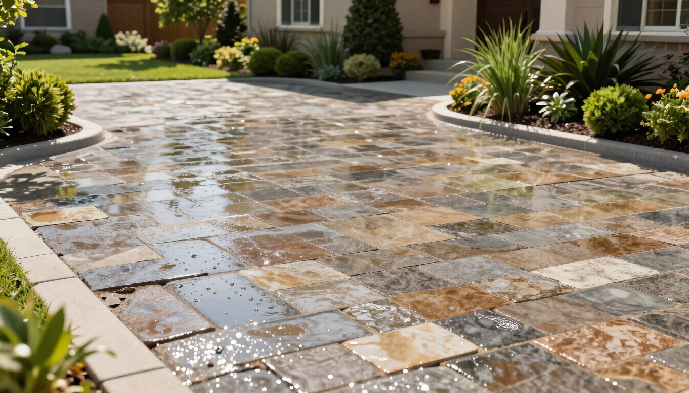 photorealistic clean aggregate driveway with water beads showing it's freshly sealed bright sunlight beautiful landscaping