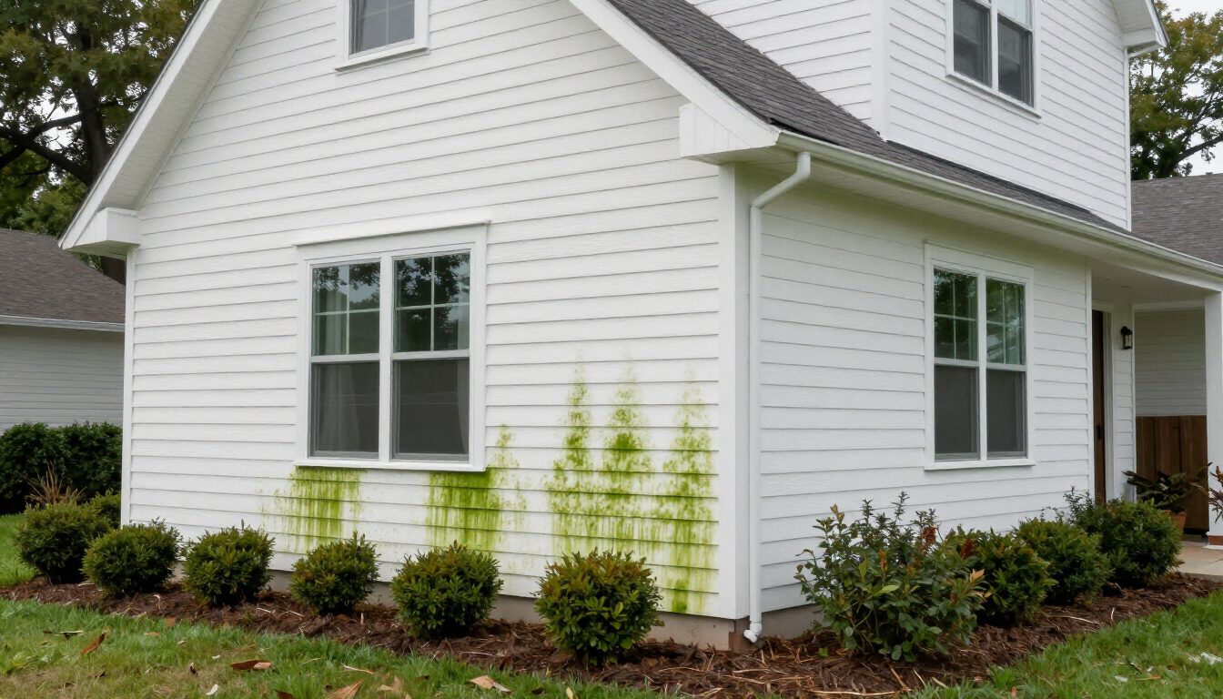 Close up of green algae growth on vinyl siding