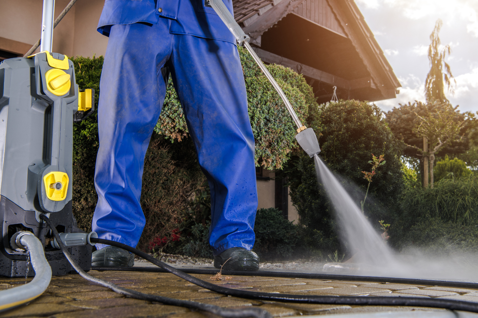 Person pressure-washing a driveway beside a house, with water spraying across wet pavement and hoses visible