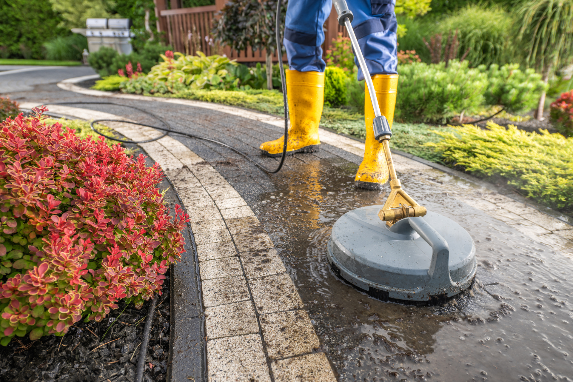 Worker cleaning a wet garden path with a pressure washer, wearing yellow boots near colorful flowerbeds