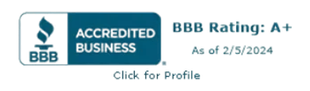 BBB Accredited Business badge with A+ rating and “As of 2/5/2024” text on a white background.