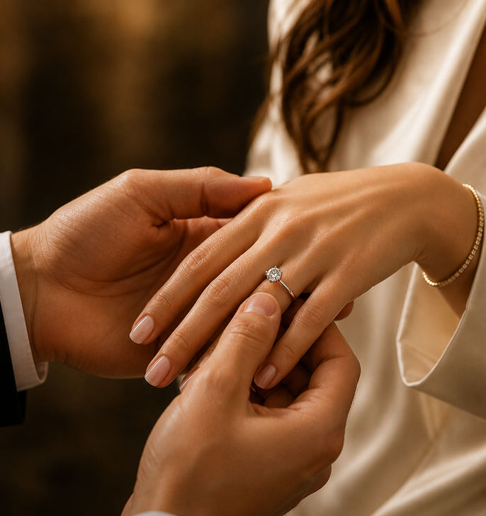 Hands place a ring on a finger in a warm, close-up wedding proposal scene