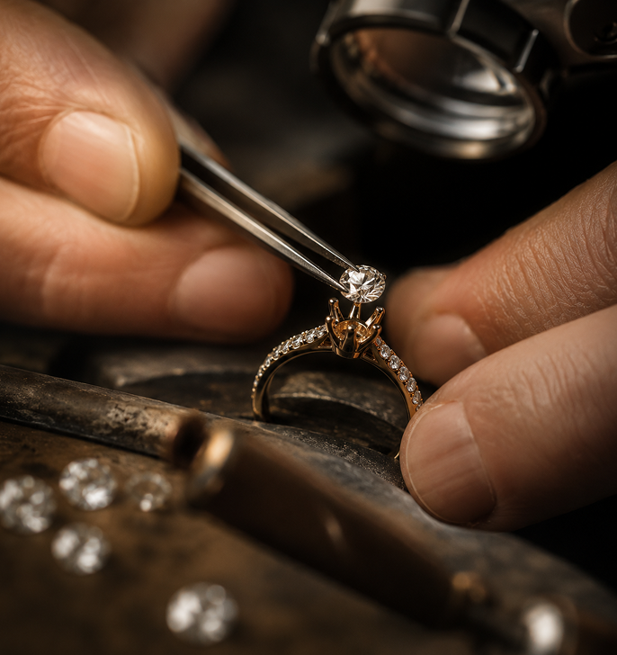 Hands setting a diamond on a gold ring with tweezers in a jeweler’s workshop.
