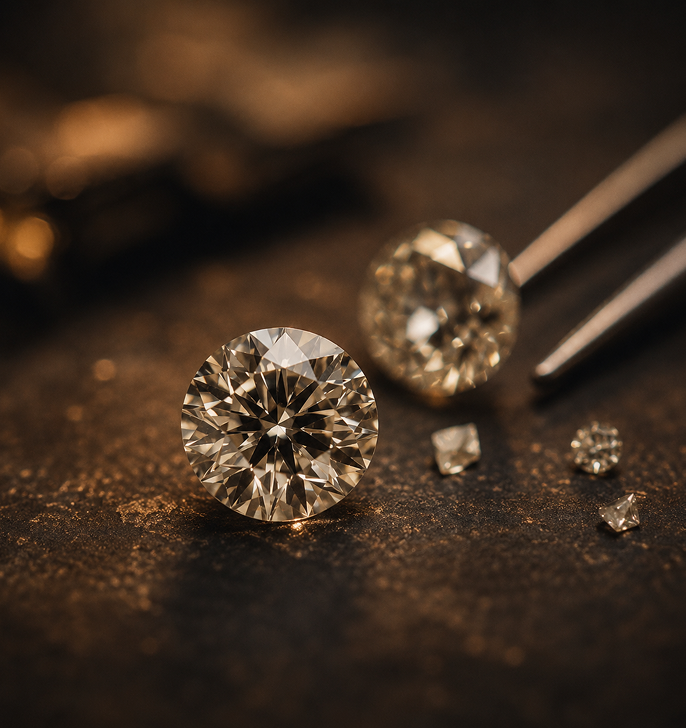 Two diamond studs on a dark surface, with one larger gem in focus and small stones nearby