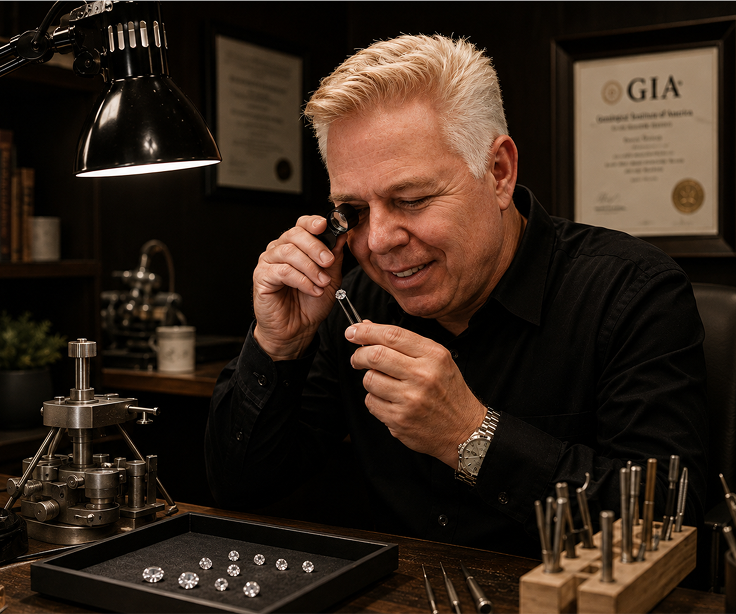 Jeweler inspecting a gemstone with a loupe at a workbench, surrounded by tools and a GIA plaque.
