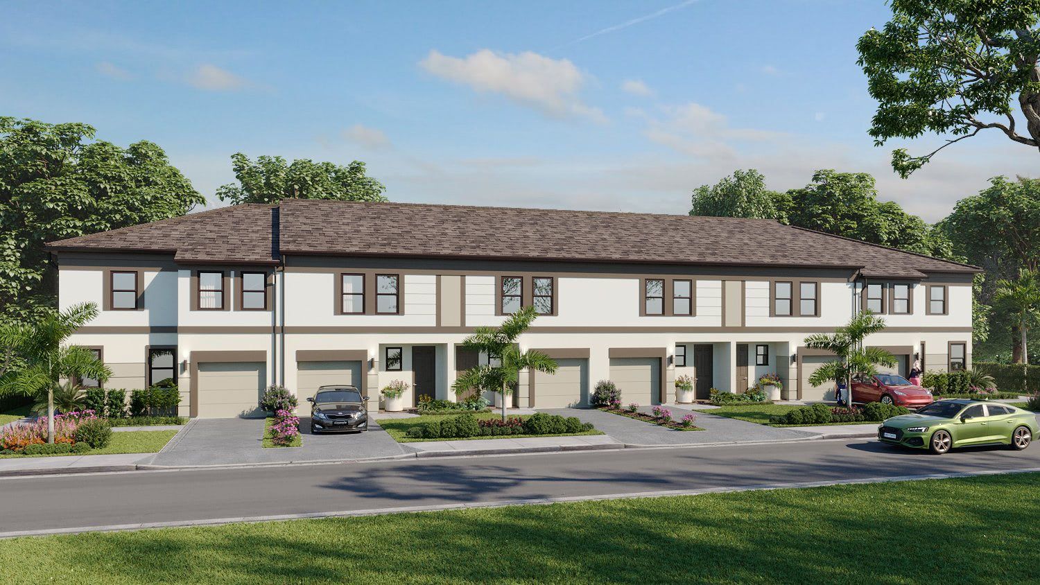 An artist 's impression of a row of houses with cars parked in front of them.