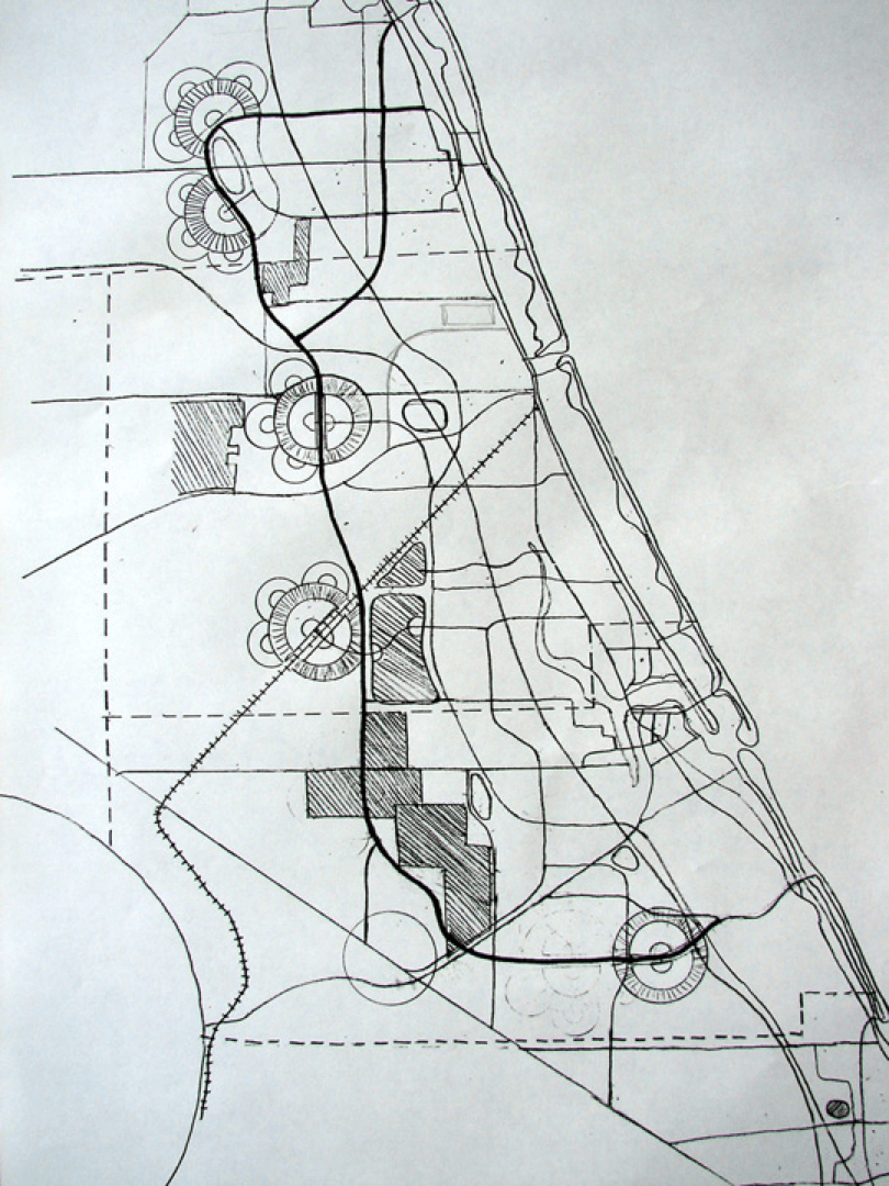 a black and white drawing of a landscape with a road going through it