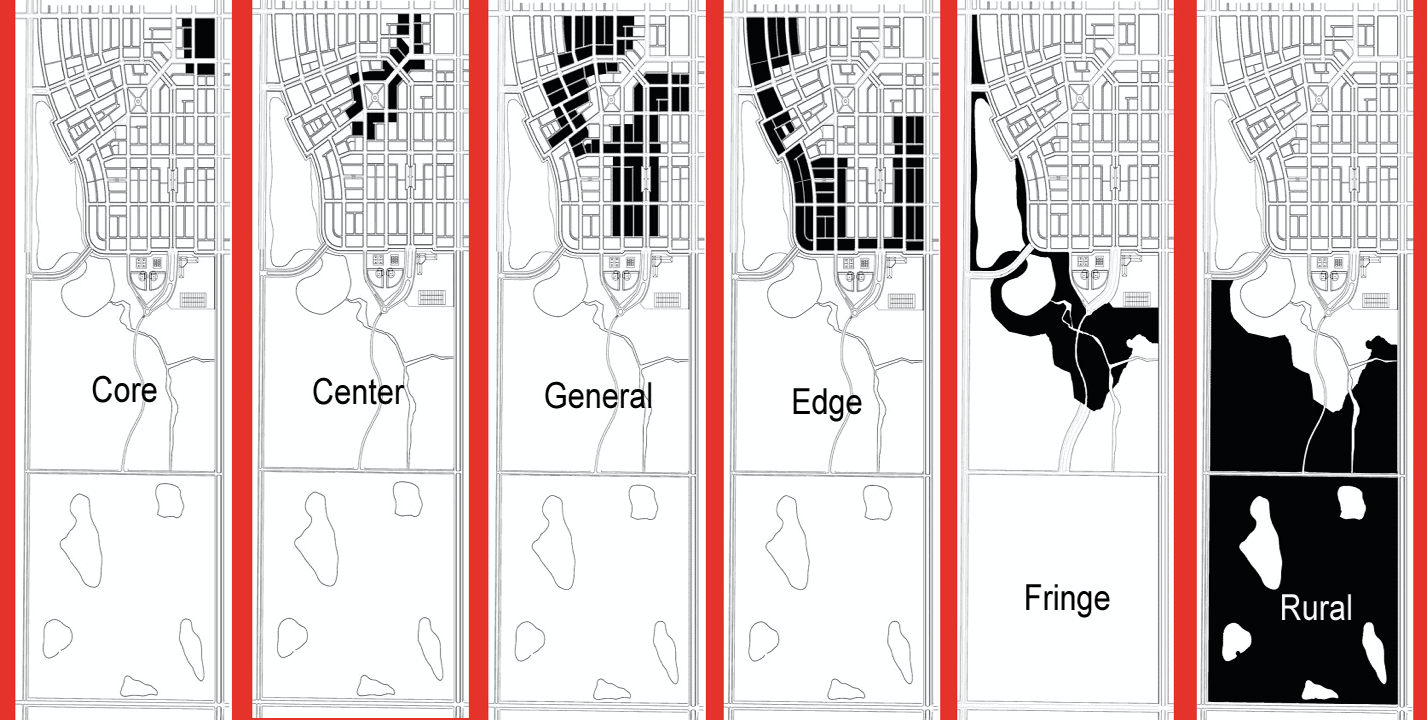 a black and white drawing of a city with a red border