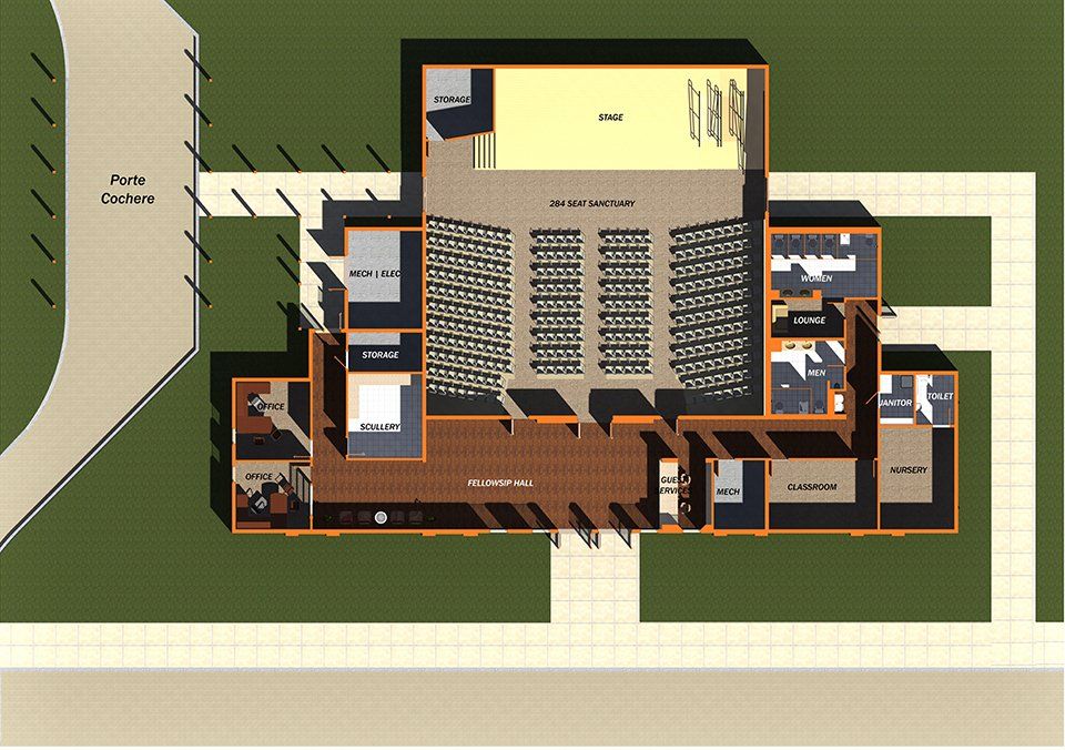 an aerial view of a building with a large auditorium
