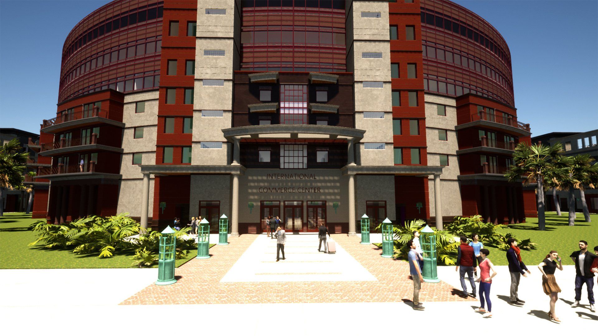 a group of people are walking in front of a large building