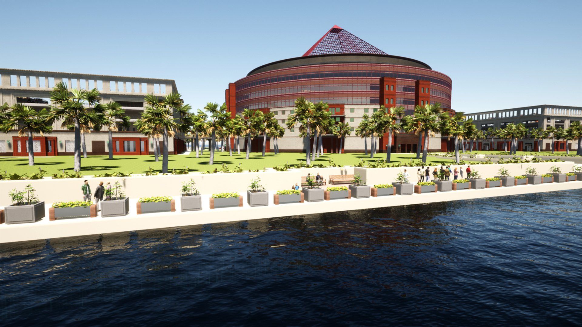 an artist 's impression of a large building next to a body of water