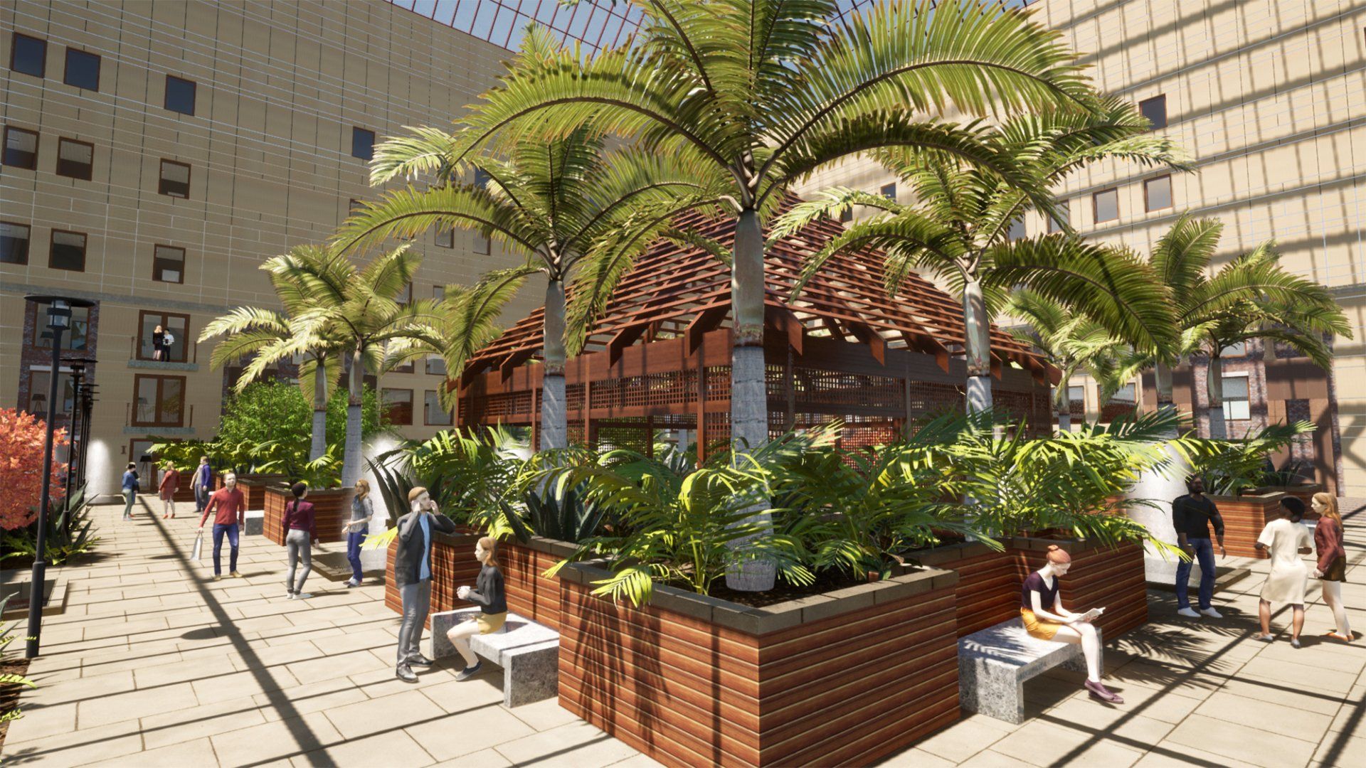 a group of people are walking in a park with palm trees in front of a building .