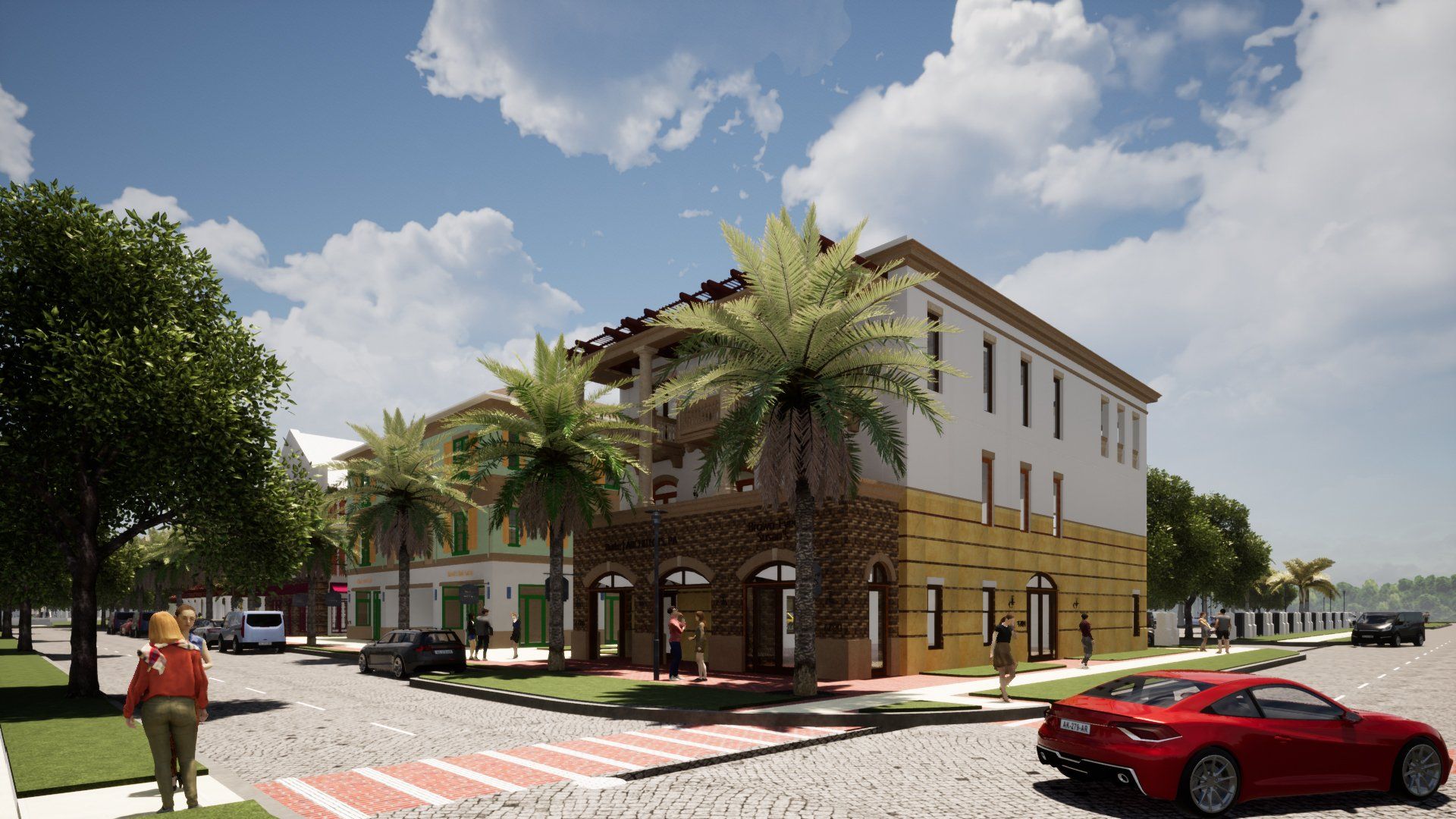 an artist 's impression of a building with a red car parked in front of it .